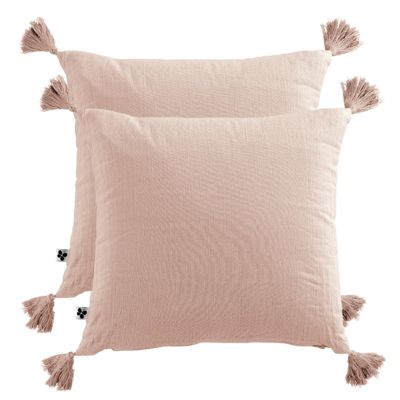 Lot de 2 coussins 40x40 double gaze de coton rose avec pompons - PEPA