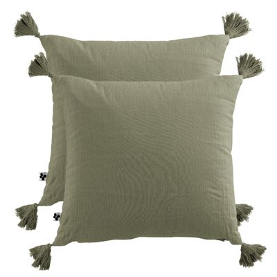 Lot de 2 coussins 40x40 double gaze de coton vert avec pompons - PEPA