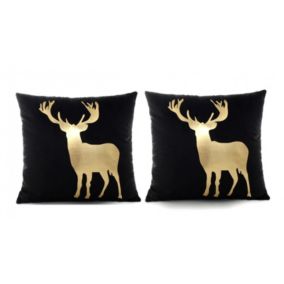 Lot de 2 coussins 45 x 45 cm velours noir et cerf doré - CERF DORÉ