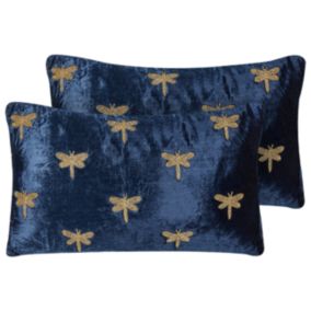 Lot de 2 coussins BLUESTEM Velours 30 x 50 cm Animal Broderie Bleu marine