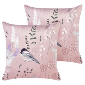 Lot de 2 coussins décoratifs CYCLAMEN Velours 45 x 45 cm Rose pastel Motif floral
