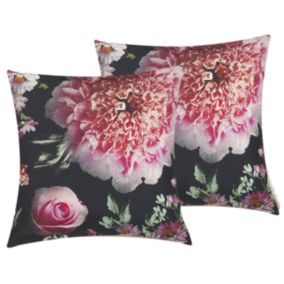 Lot de 2 coussins décoratifs motif fleurs noir / rose 45 x 45 cm HEDERA