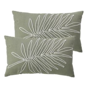 Lot de 2 Coussins déhoussables, rectangulaire 30x50cm, Olive, Broderie feuille Ecru, Collection Mambo, CMADECO