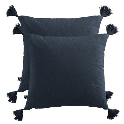 Lot de 2 coussins double gaze de coton bleu nuit avec pompons - PEPA