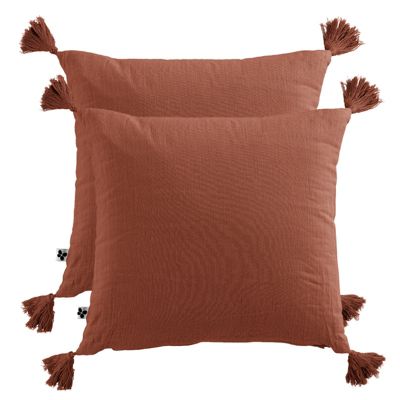 Lot de 2 coussins double gaze de coton terracotta avec pompons - PEPA