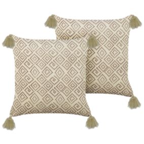 Lot de 2 coussins SANTOLINA Coton 45 x 45 cm Géométrique Impression en bloc Beige