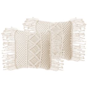 Lot de 2 coussins YORTAN Coton 45 x 40 cm Géométrique Macramé Beige clair