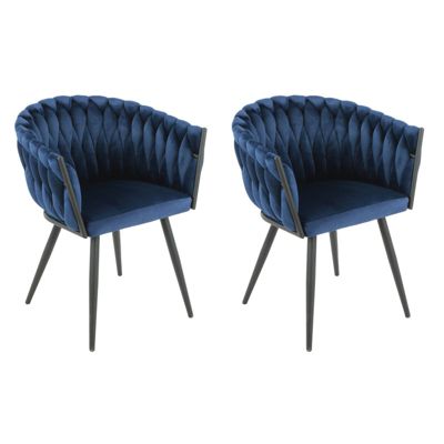 Lot de 2 fauteuil en velours tressé bleu foncé pieds métal noir - BOWI