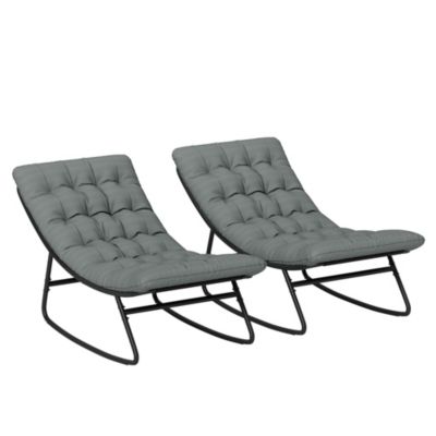Lot de 2 fauteuils à bascule de jardin avec matelas style Chesterfield acier noir tissu gris
