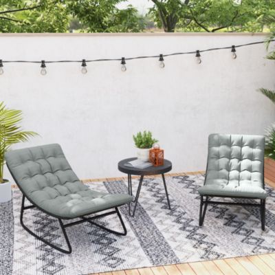 Lot de 2 fauteuils à bascule de jardin avec matelas style Chesterfield acier noir tissu gris