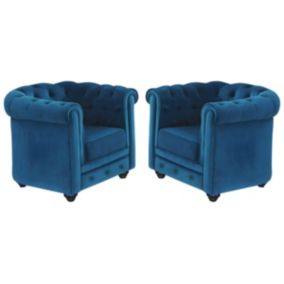 Lot de 2 Fauteuils CHESTERFIELD - Velours bleu canard