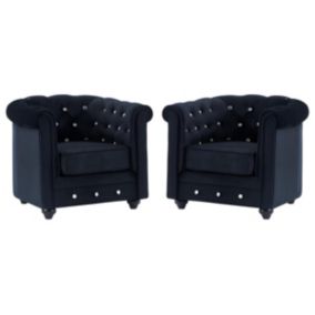 Lot de 2 Fauteuils CHESTERFIELD - Velours noir et boutons effet cristal