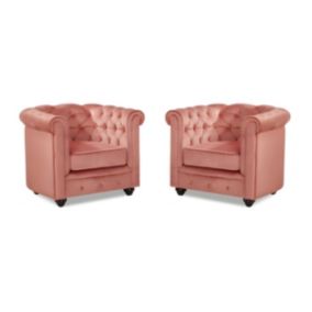 Lot de 2 Fauteuils CHESTERFIELD - Velours rose pastel