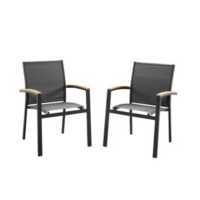 Lot de 2 fauteuils de jardin empilables en aluminium et textilène - Anthracite et accoudoirs acacia - TAIPIVAI de MYLIA