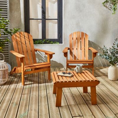 Lot de 2 fauteuils de jardin en bois avec un repose-pieds/table basse - Adirondack Salamanca - Eucalyptus. chaises de terrasse