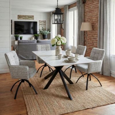 Lot de 2 fauteuils de table pivotants en tissu chenille gris pied design métal noir - CLAUDE