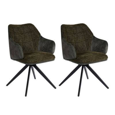 Lot de 2 fauteuils de table pivotants tissu double texture vert foncé pieds métal noir - MIKAELA
