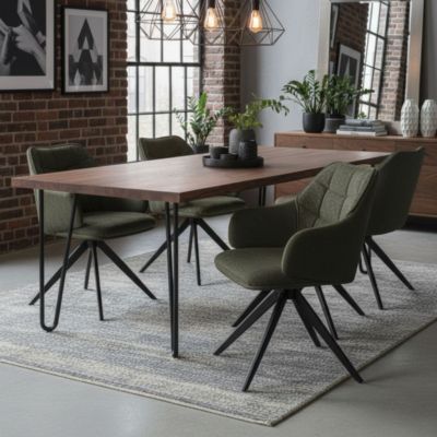 Lot de 2 fauteuils de table pivotants tissu double texture vert foncé pieds métal noir - MIKAELA