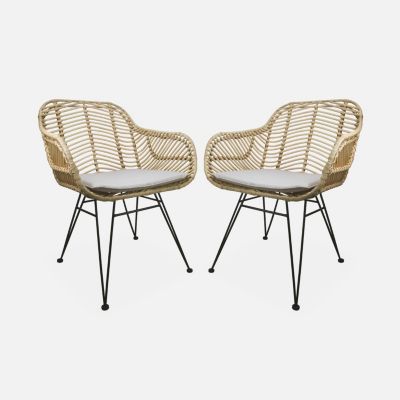 Lot de 2 fauteuils en rotin naturel et métal. coussin beige - Cahya