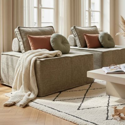 Lot de 2 fauteuils en tissu pour canapé modulable avec coussin taupe Tiby  Oviala