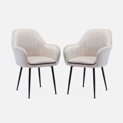 Lot de 2 fauteuils en velours blanc cassé et pieds en métal noir. Shella L 57 x P 59 x H 84.5