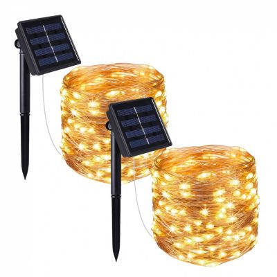 Lot de 2 guirlandes solaires extérieur lumineuses jardin, terrasse - Ampoules LED 8 modes - 7 m - Blanc chaud - Linxor