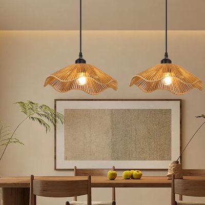Lot de 2 lustres bohèmes avec ampoules, suspensions en rotin faites main, plafonnier, lumière chaude (3000K), diamètre : 30 cm
