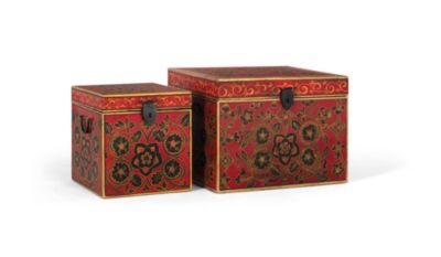 Lot de 2 malles en bois de manguier et peintes à la main