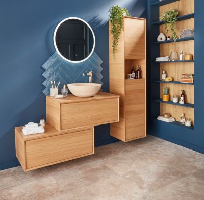 Lot de 2 meubles sous vasque à suspendre GoodHome Avela placage chêne 100 cm + lot de 2 plans de toilette Avela