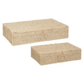 Lot de 2 paniers rectangulaires avec couvercle fermable et poignée Atmosphera Cora beige