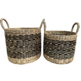 Lot de 2 paniers ronds en fibres naturelles Ornami motif à chevron noir