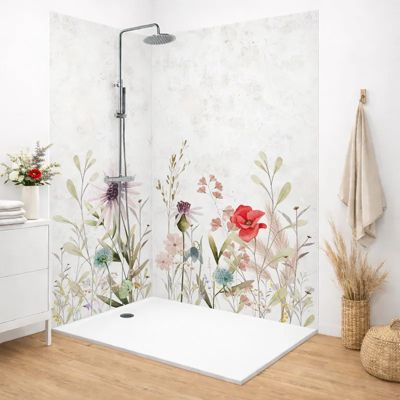 Lot de 2 panneaux de douche en aluminium (90x220 & 120x220 cm) + profilés blanc - Herbier - Multicouleurs