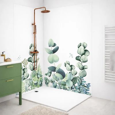 Lot de 2 panneaux de douche en PVC (90x220 & 120x220 cm) + profilés blanc - Motif végétal - Vert et Blanc - Quiétude