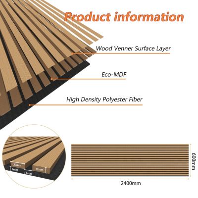 Lot de 2 Panneaux Muraux Décoratifs Acoustiques Bois MDF 240x60cm Chêne foncé  AntiBruit, Facile à Poser