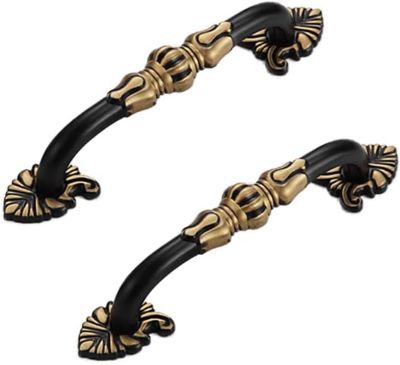 Lot de 2 poignées de meuble vintage en laiton - Motif floral antique - En métal noir et doré - Pour armoire de cuisine(96 mm noir