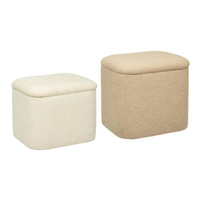 Lot de 2 Poufs Coffres de rangement en Tissu à bouclettes Beige et Blanc Ivoire