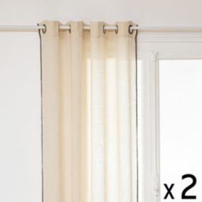 Lot de 2 Rideaux à œillets en Lin Beige  avec surpiqûre noire 130 x 260 cm