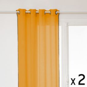 Lot de 2 Rideaux à œillets en Lin Jaune Ocre avec surpiqûre noire 130 x 260 cm