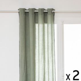 Lot de 2 Rideaux à œillets en Lin Vert Céladon avec surpiqûre noire 130 x 260 cm