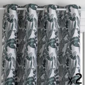 Lot de 2 Rideaux à  œillets Jacquard Vert cèdre 140 x 260 cm