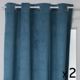 Lot de 2 Rideaux à  œillets Occultant en Velours Bleu canard motif en relief 140 x 260 cm