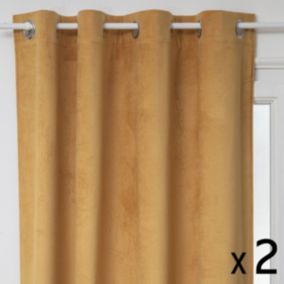 Lot de 2 Rideaux à  œillets Occultant en Velours Ocre motif en relief 140 x 260 cm