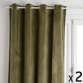 Lot de 2 Rideaux à  œillets Occultant en Velours Vert kaki 140 x 260 cm