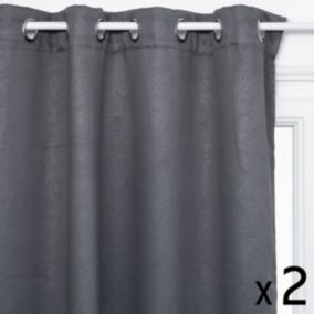 Lot de 2 Rideaux à  œillets Occultant Gris Foncé Feuille en relief 140 x 260 cm