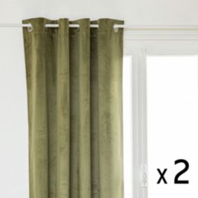 Lot de 2 Rideaux à  œillets Occultant Velours Vert Kaki 140 x 260 cm