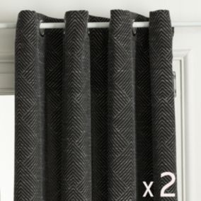 Lot de 2 Rideaux à  œillets tissu Jacquard Noir 140 x 260 cm