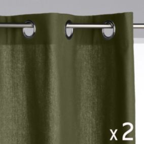 Lot de 2 Rideaux à  œillets Tissu Panama Vert Kaki 140 x 260 cm