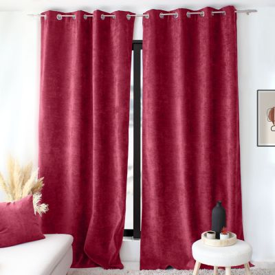 Lot de 2 Rideaux Thermique avec Œillets, Rouge Grenat, Grande Hauteur, 140x260cm, Velours, Collection Velvet, CMADECO