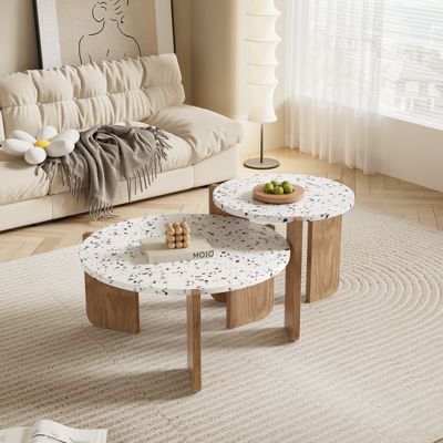 Lot de 2 table basse gigogne, composable moderne, pour salon, canapé, 70x70x35+50x50x45.5 (cm), Naturel