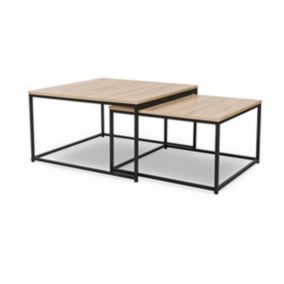 Lot de 2 Tables Basse Carrés Style Industriel Bois Acier Noir Salon